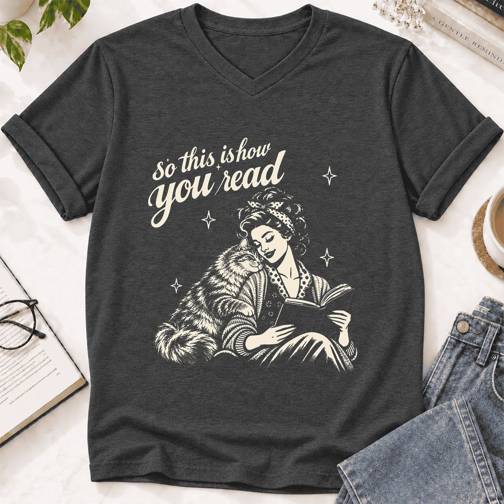 How You Read Siberian Ultra-Soft V-Neck | Cat Lover Reader Gift Dark Grey Heather
