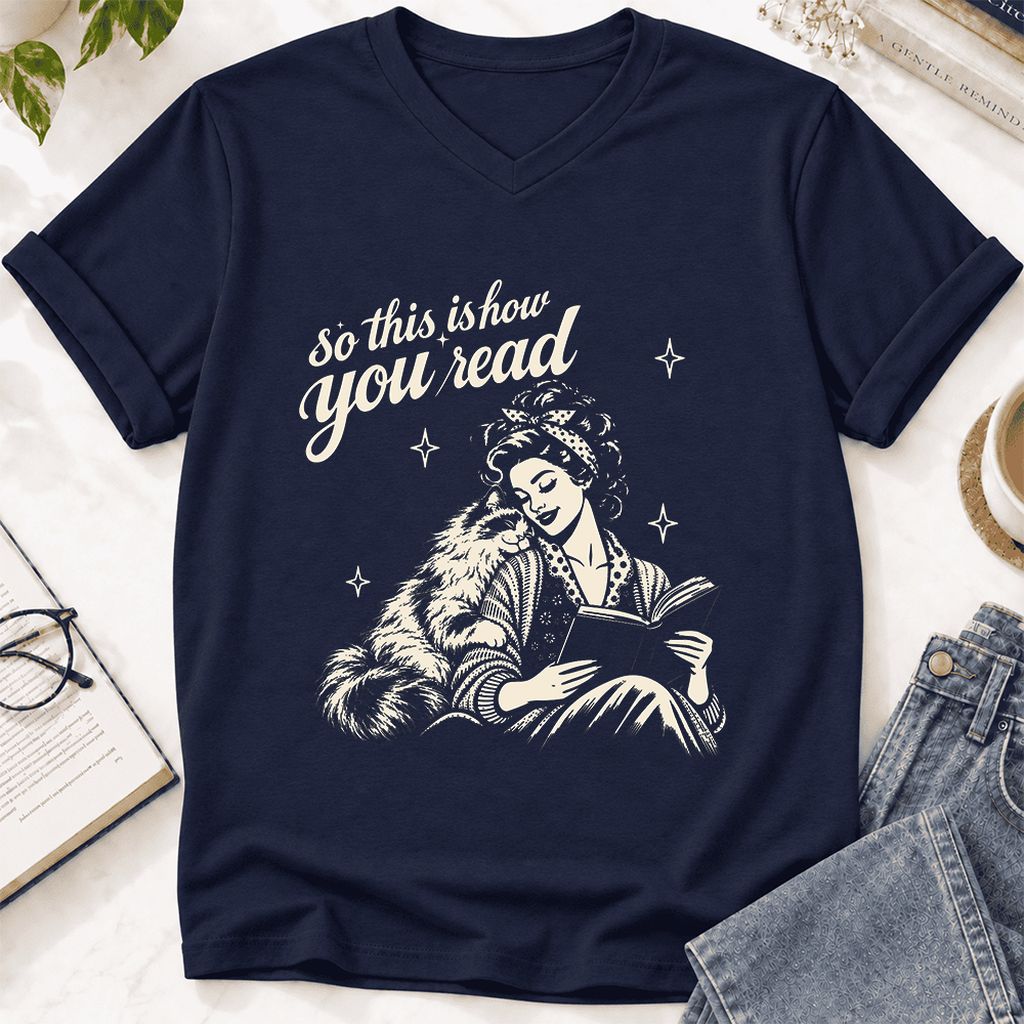 How You Read Ragdoll Ultra-Soft V-Neck | Cat Lover Reader Gift Navy