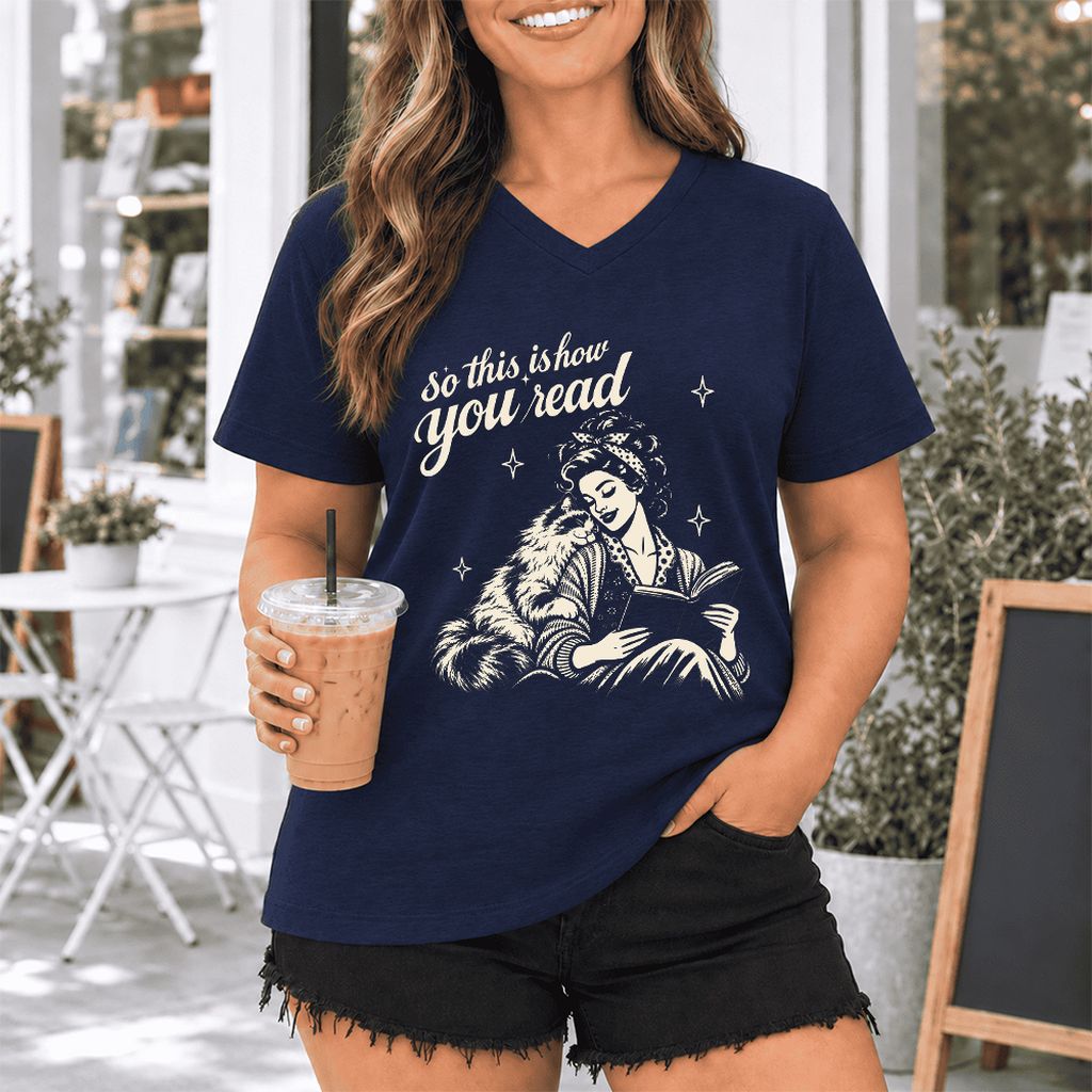 How You Read Ragdoll Ultra-Soft V-Neck | Cat Lover Reader Gift Navy