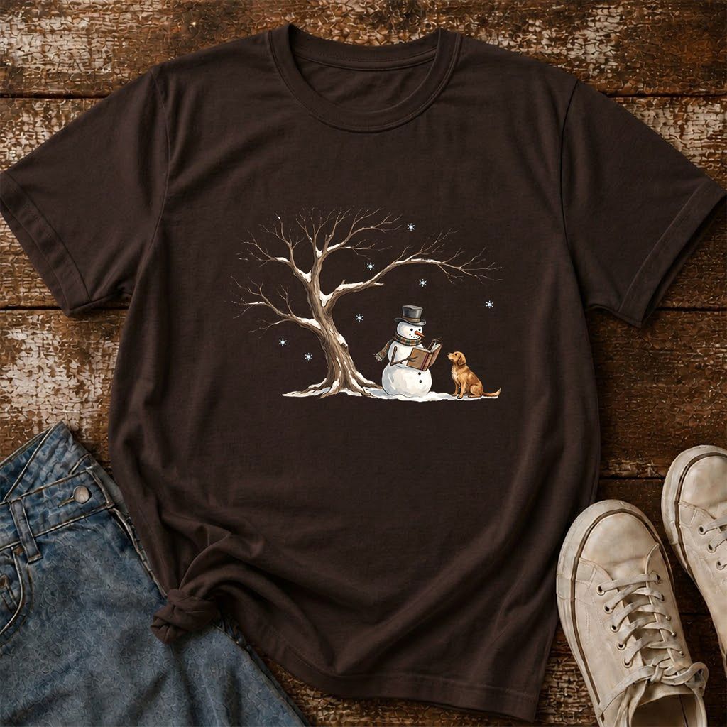 Christmas Storytime with Golden Retriever Printed T-Shirt | Reader Gift Dark Chocolate