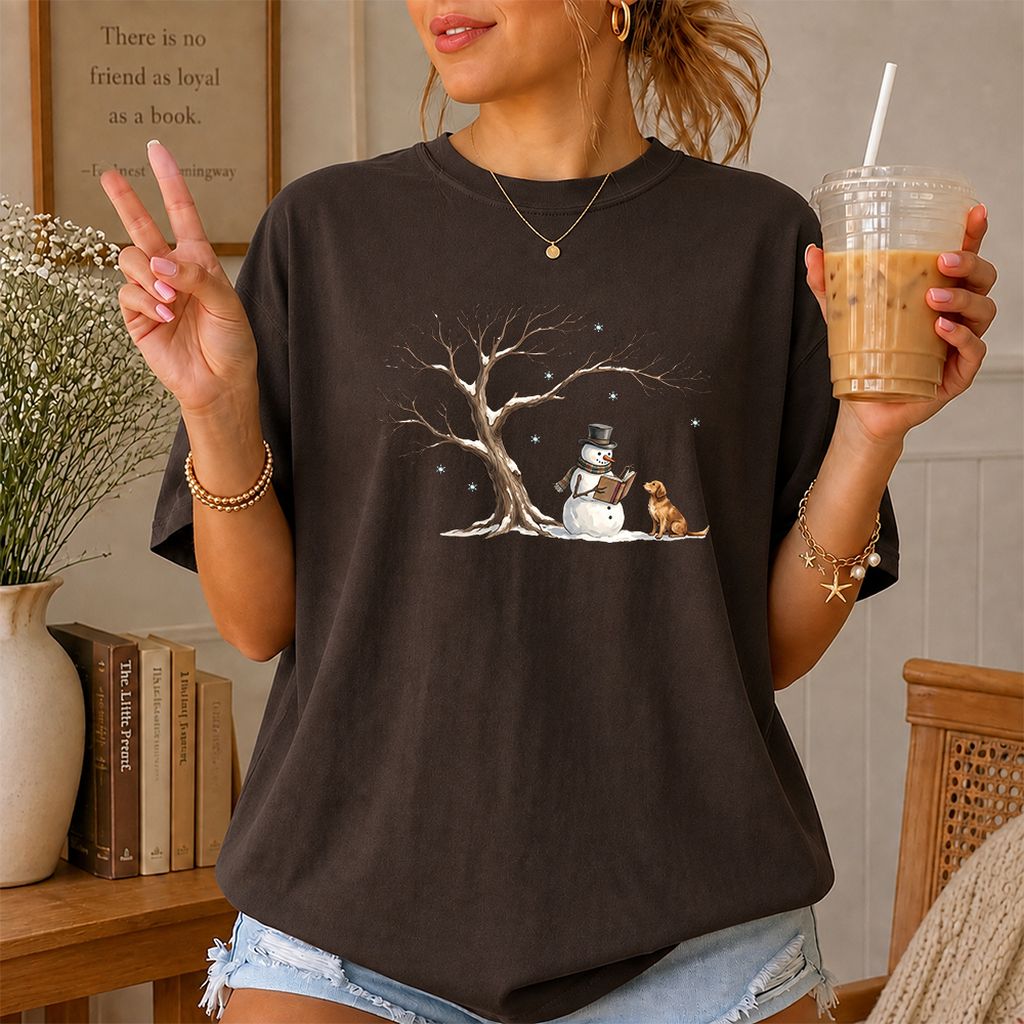 Christmas Storytime with Golden Retriever Printed T-Shirt | Reader Gift Dark Chocolate