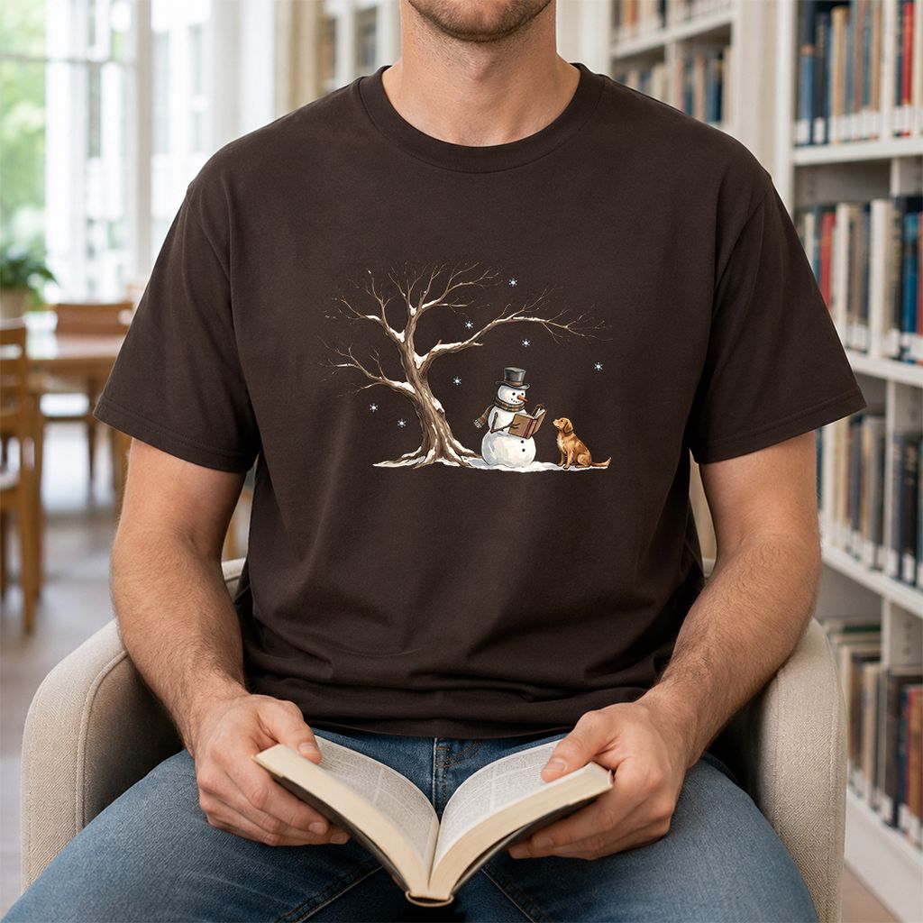 Christmas Storytime with Golden Retriever Printed T-Shirt | Reader Gift Dark Chocolate