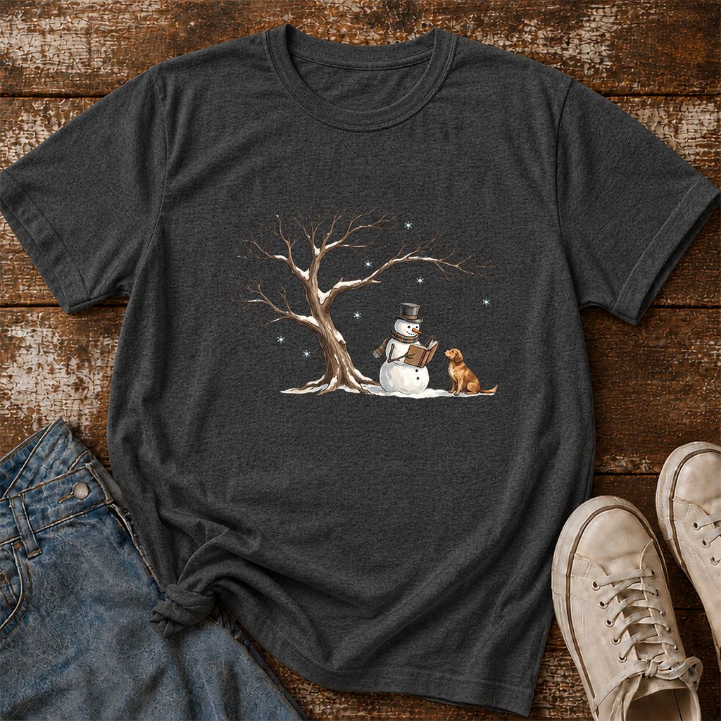 Christmas Storytime with Golden Retriever Printed T-Shirt | Reader Gift Dark Heather
