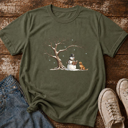Christmas Storytime with Golden Retriever Printed T-Shirt | Reader Gift Military Green