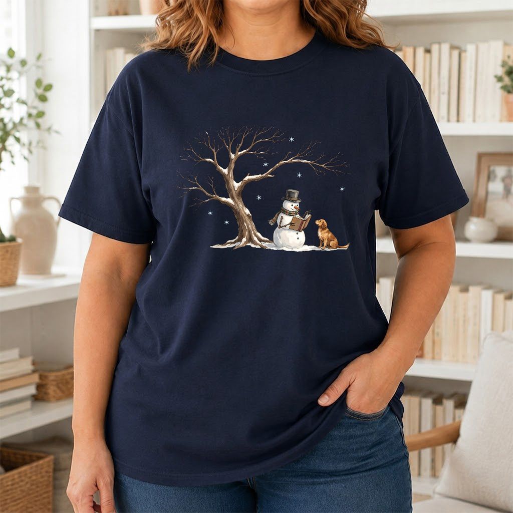 Christmas Storytime with Golden Retriever Printed T-Shirt | Reader Gift Navy