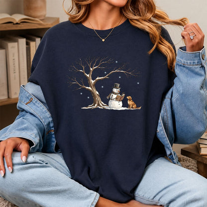 Christmas Storytime with Golden Retriever Printed T-Shirt | Reader Gift Navy