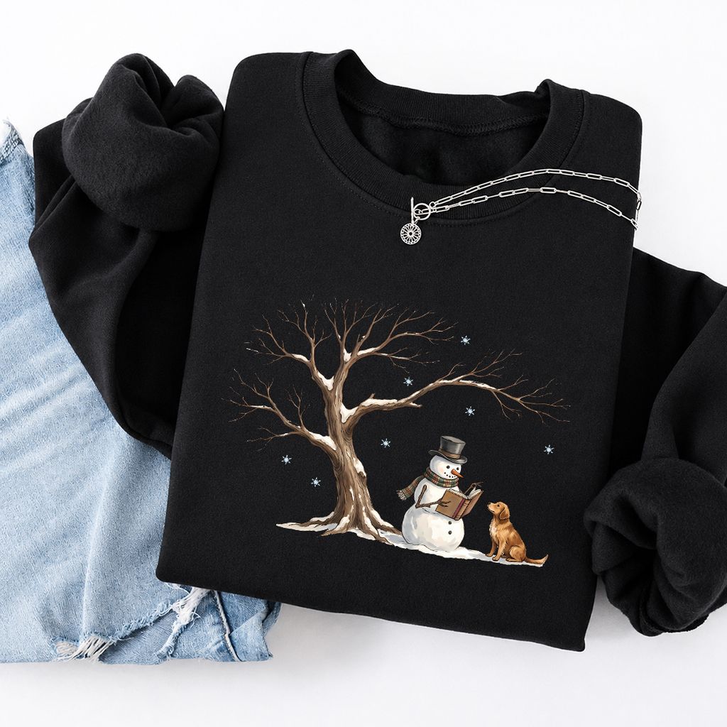 Golden Retriever And Snowman Softstyle Sweatshirt | Christmas Reader Gift Black
