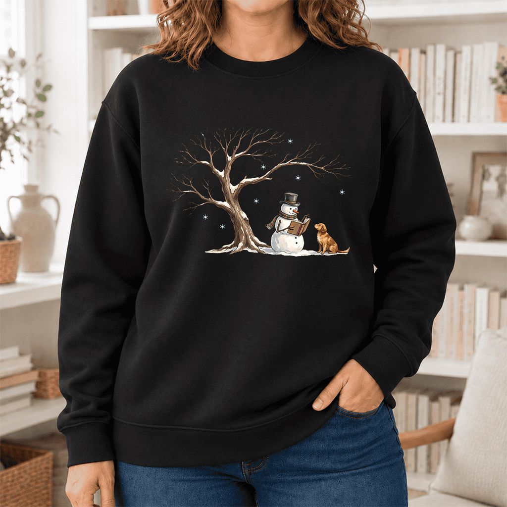 Golden Retriever And Snowman Softstyle Sweatshirt | Christmas Reader Gift Black