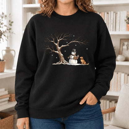 Golden Retriever And Snowman Softstyle Sweatshirt | Christmas Reader Gift Black