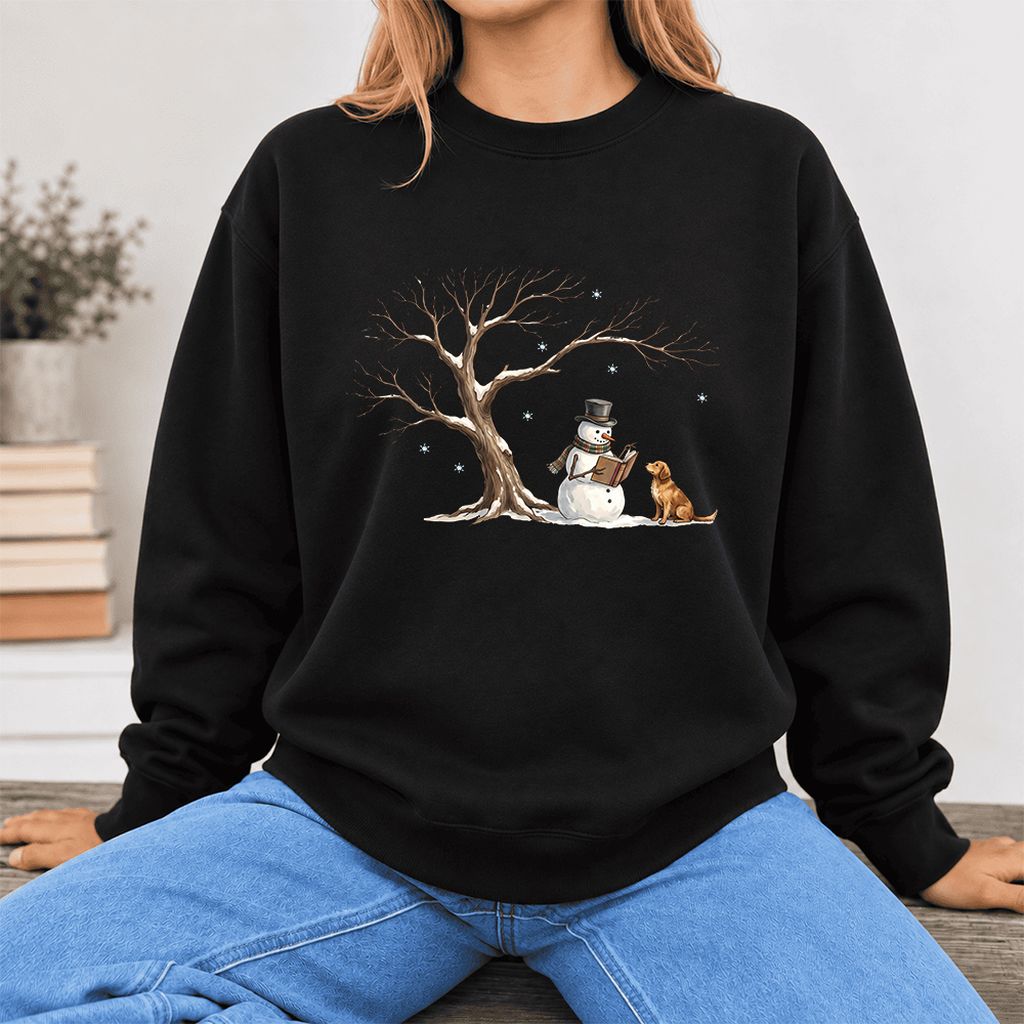 Golden Retriever And Snowman Softstyle Sweatshirt | Christmas Reader Gift Black