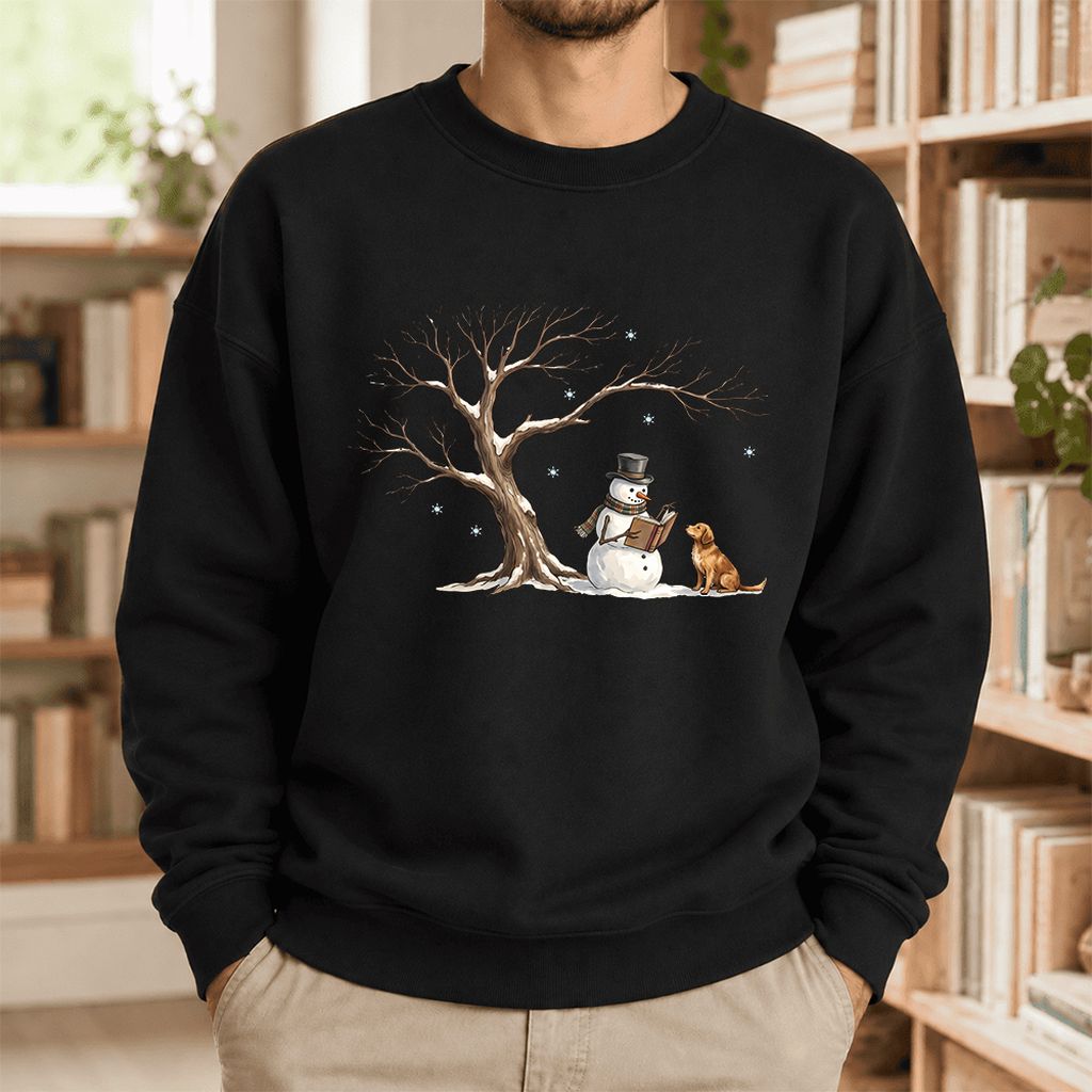 Golden Retriever And Snowman Softstyle Sweatshirt | Christmas Reader Gift Black