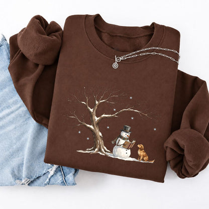 Golden Retriever And Snowman Softstyle Sweatshirt | Christmas Reader Gift Cocoa