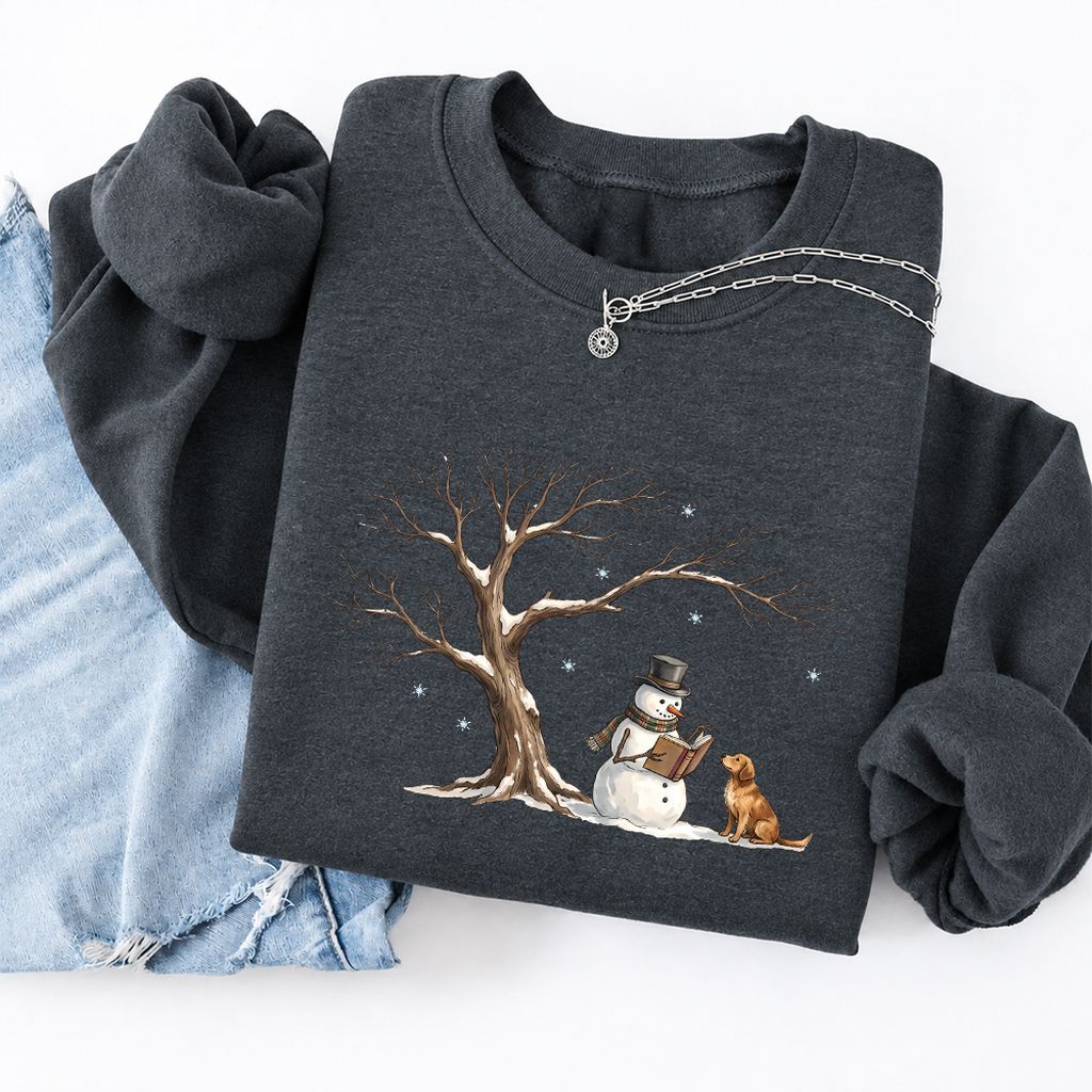 Golden Retriever And Snowman Softstyle Sweatshirt | Christmas Reader Gift Dark Heather