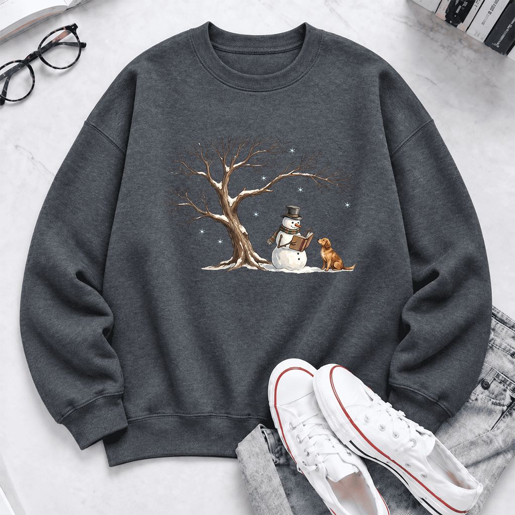 Golden Retriever And Snowman Softstyle Sweatshirt | Christmas Reader Gift Dark Heather