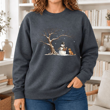 Golden Retriever And Snowman Softstyle Sweatshirt | Christmas Reader Gift Dark Heather