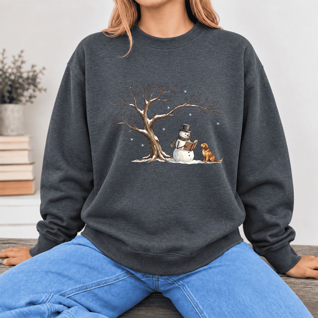 Golden Retriever And Snowman Softstyle Sweatshirt | Christmas Reader Gift Dark Heather