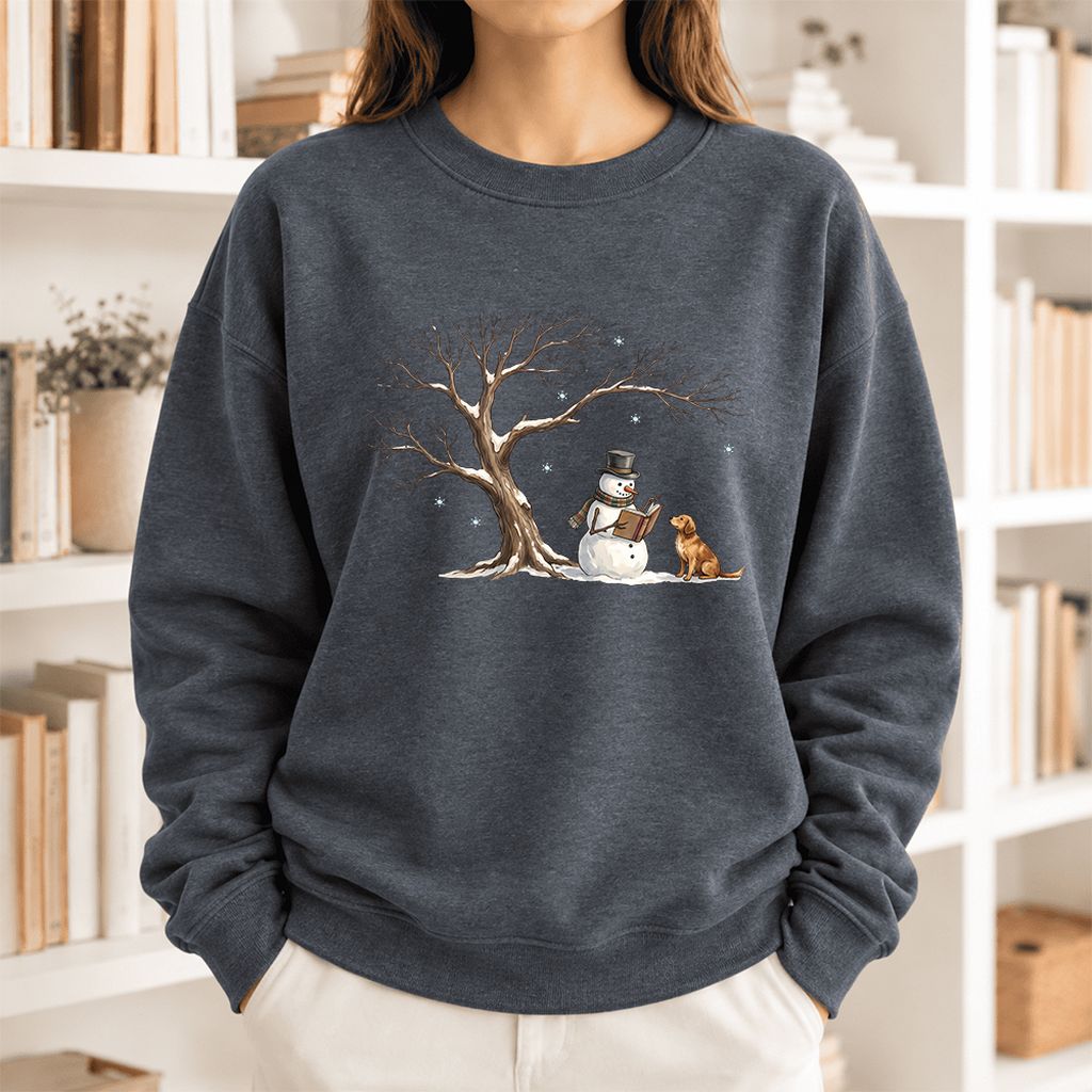 Golden Retriever And Snowman Softstyle Sweatshirt | Christmas Reader Gift Dark Heather