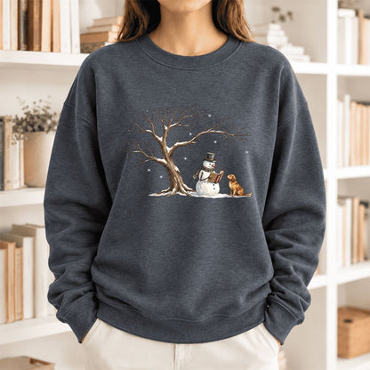 Golden Retriever And Snowman Softstyle Sweatshirt | Christmas Reader Gift Dark Heather