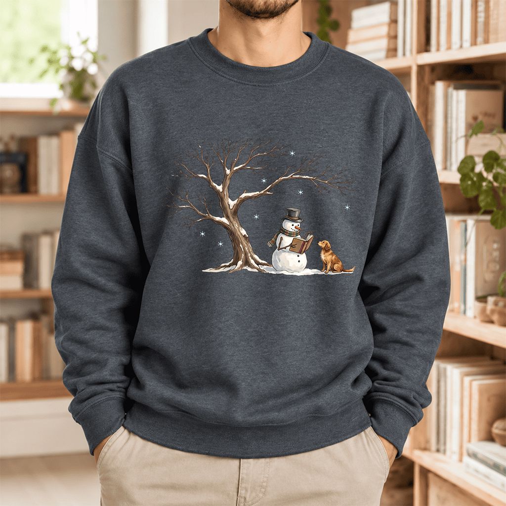 Golden Retriever And Snowman Softstyle Sweatshirt | Christmas Reader Gift Dark Heather