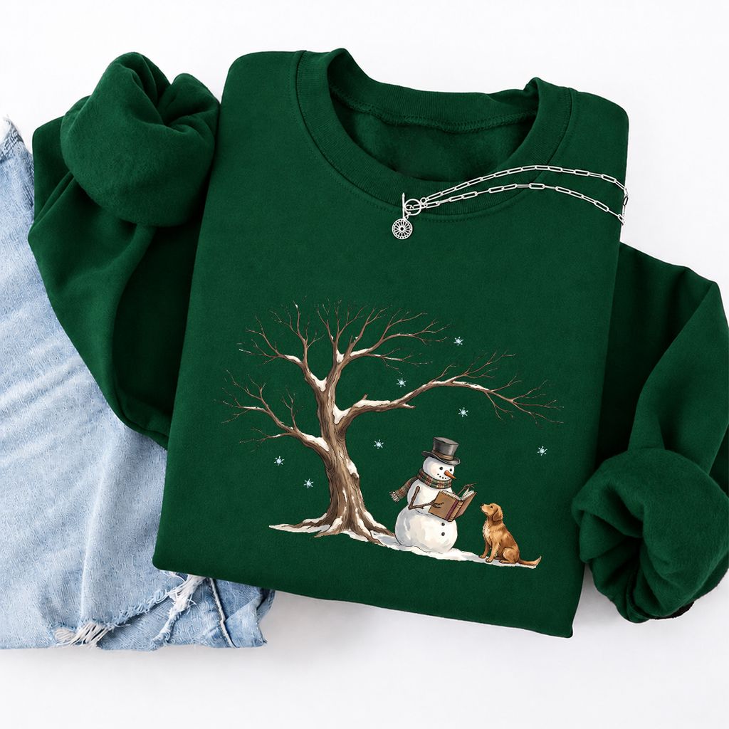 Golden Retriever And Snowman Softstyle Sweatshirt | Christmas Reader Gift Forest Green