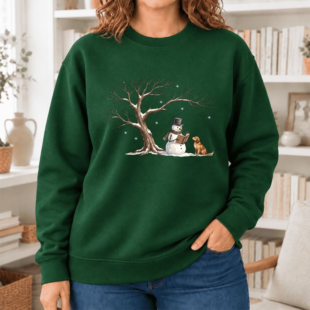 Golden Retriever And Snowman Softstyle Sweatshirt | Christmas Reader Gift Forest Green