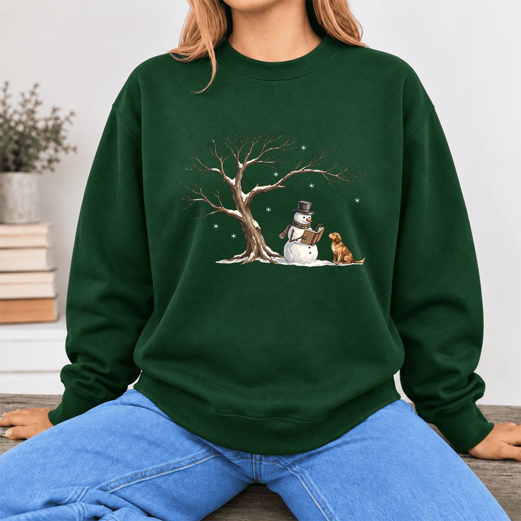 Golden Retriever And Snowman Softstyle Sweatshirt | Christmas Reader Gift Forest Green
