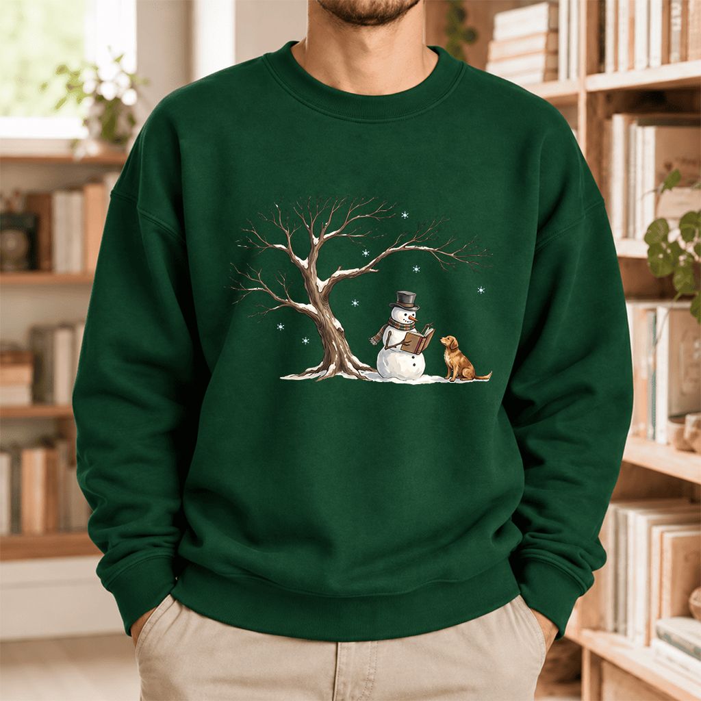 Golden Retriever And Snowman Softstyle Sweatshirt | Christmas Reader Gift Forest Green
