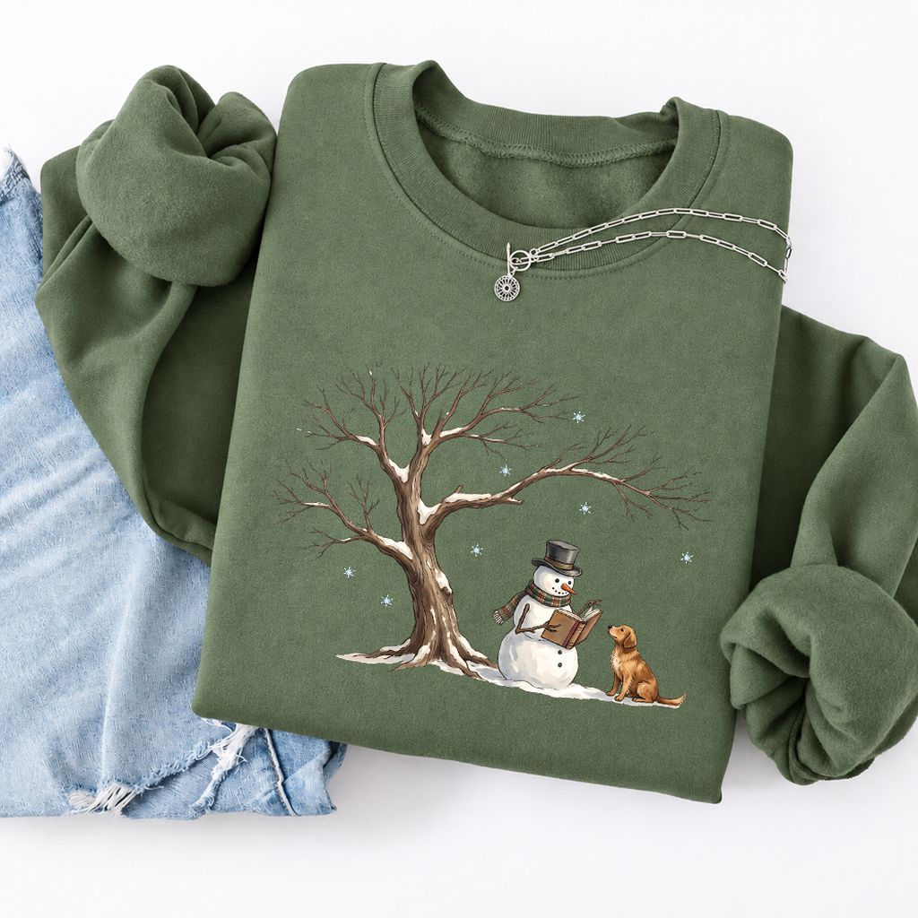 Golden Retriever And Snowman Softstyle Sweatshirt | Christmas Reader Gift Military Green
