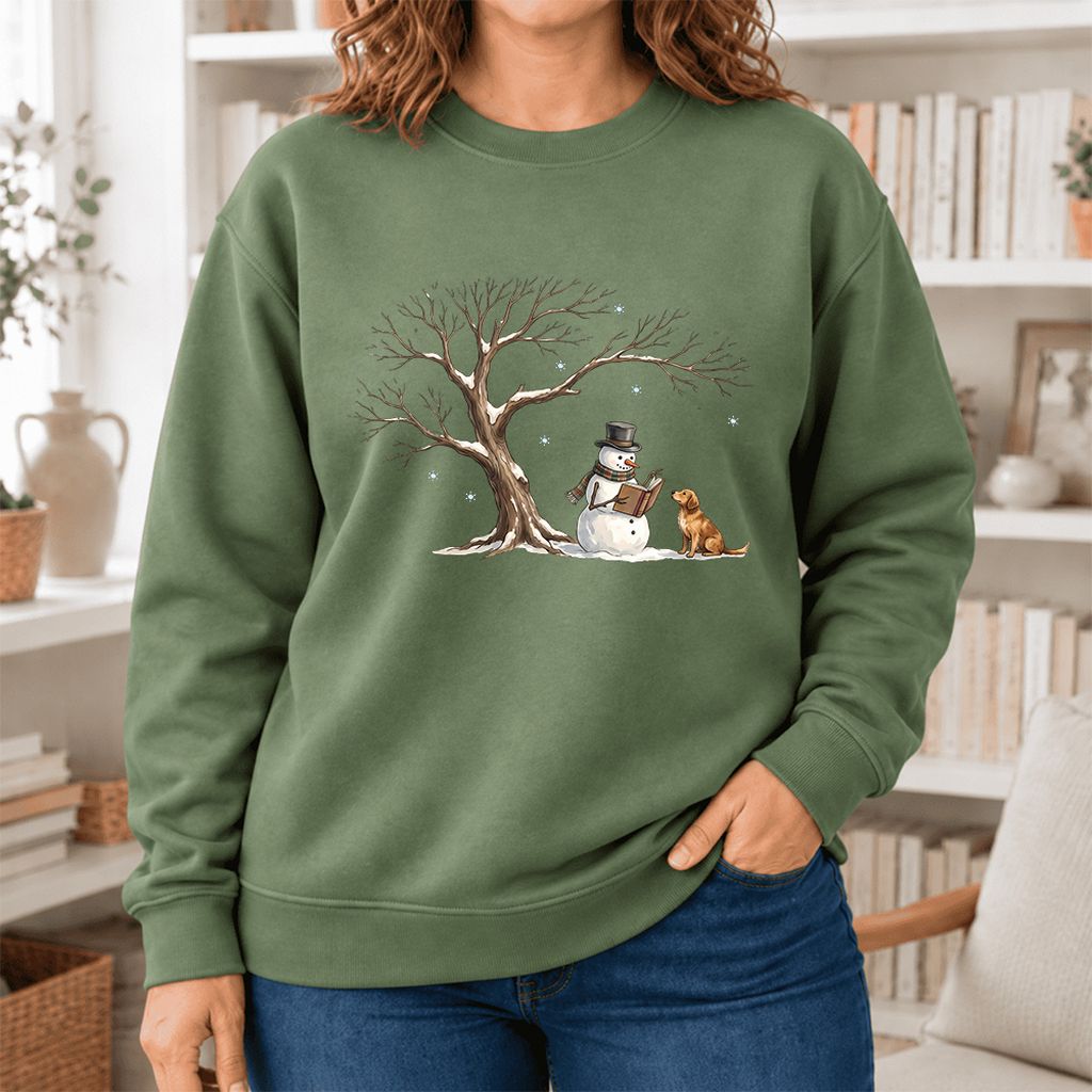 Golden Retriever And Snowman Softstyle Sweatshirt | Christmas Reader Gift Military Green