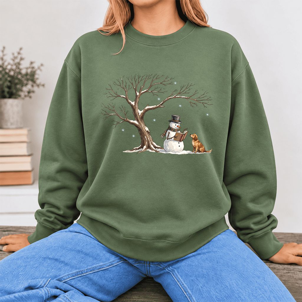 Golden Retriever And Snowman Softstyle Sweatshirt | Christmas Reader Gift Military Green