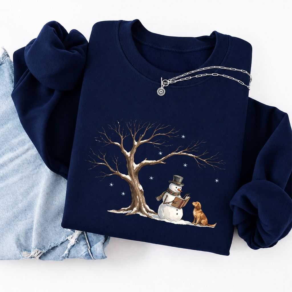 Golden Retriever And Snowman Softstyle Sweatshirt | Christmas Reader Gift Navy
