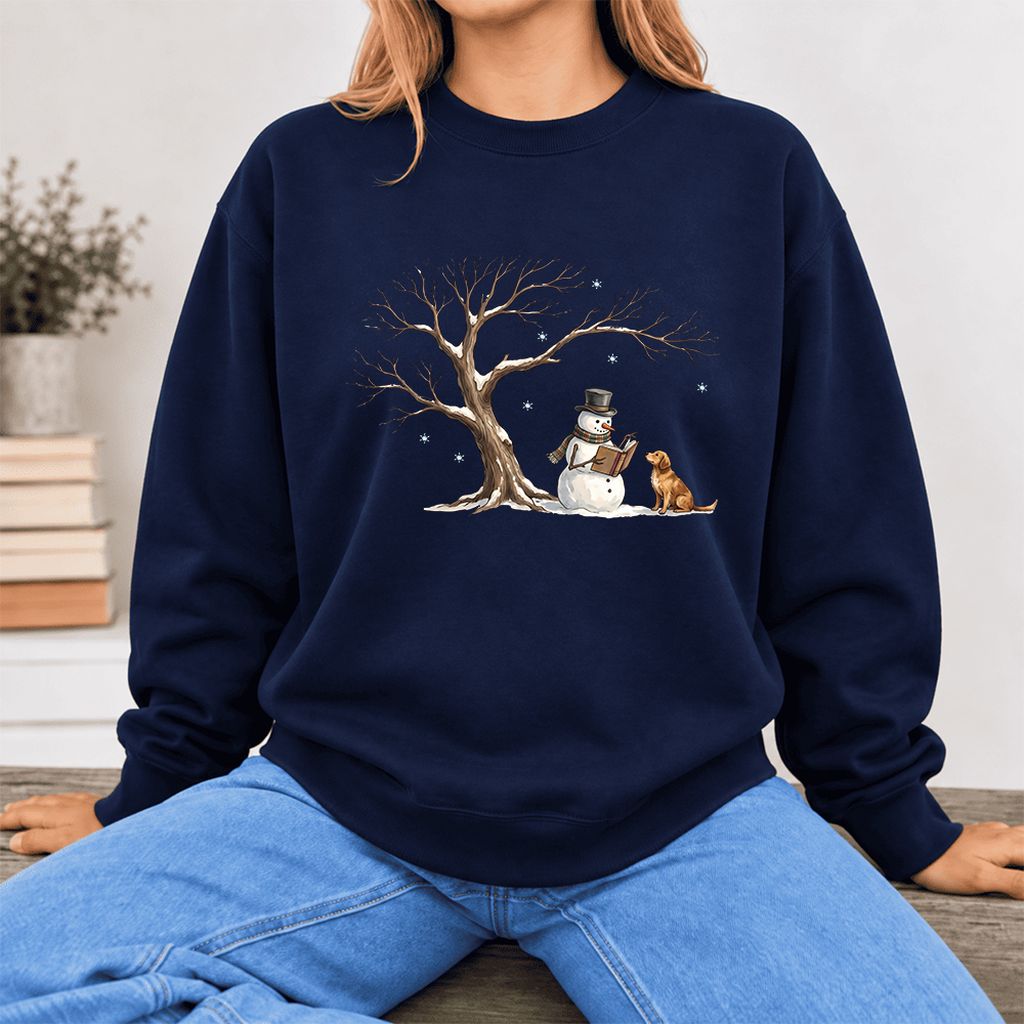 Golden Retriever And Snowman Softstyle Sweatshirt | Christmas Reader Gift Navy