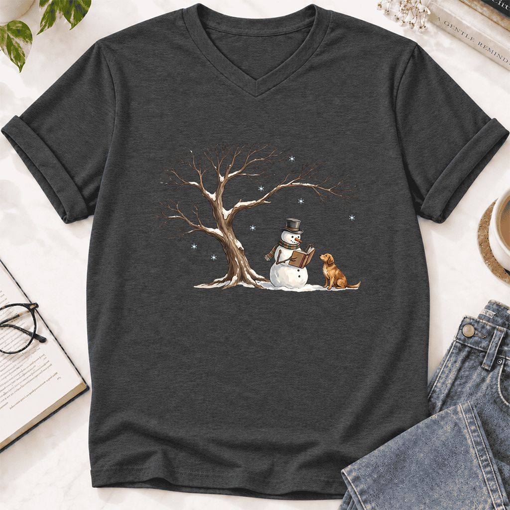 Christmas Storytime with Golden Retriever Ultra-Soft V-Neck | Reader Gift Dark Grey Heather