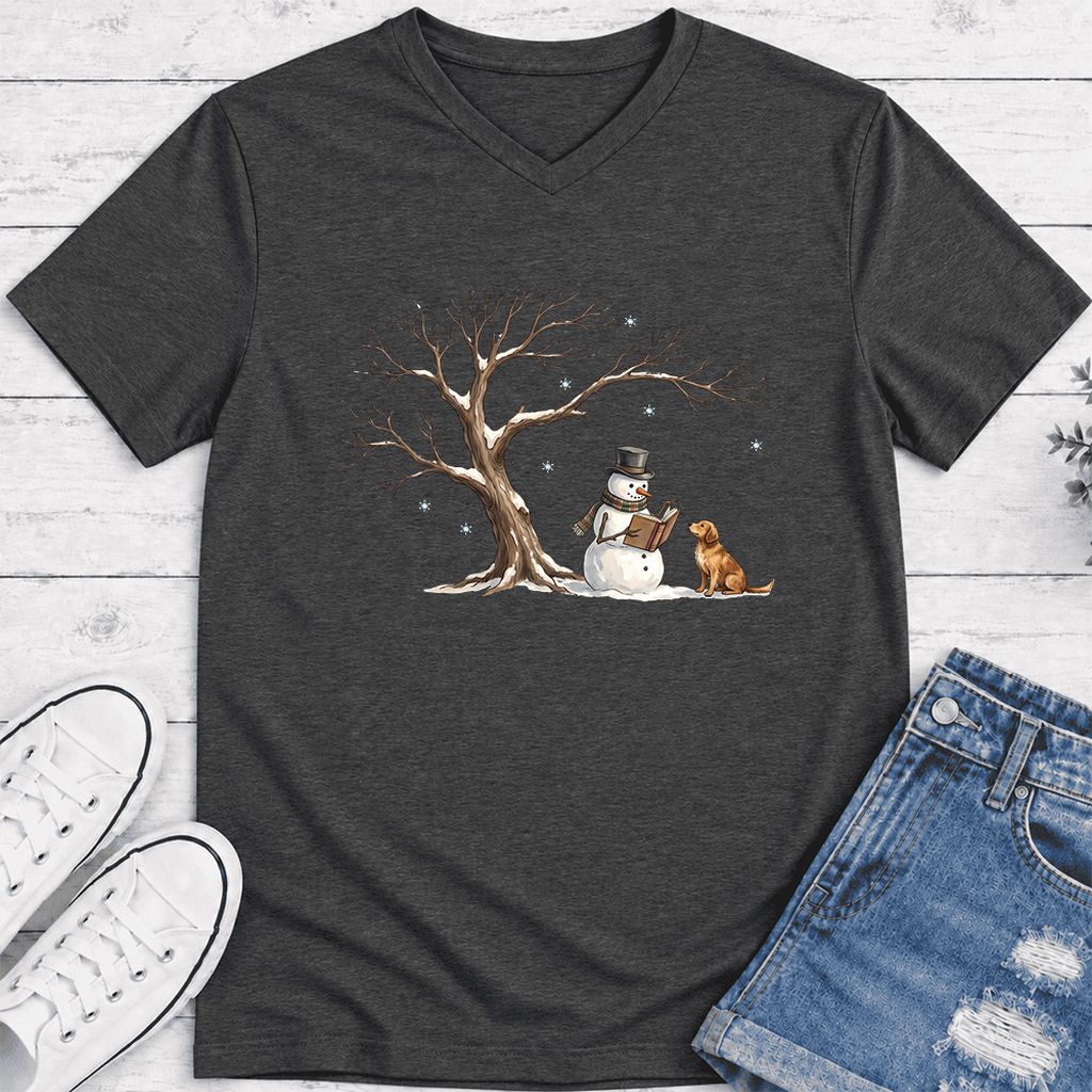 Christmas Storytime with Golden Retriever Ultra-Soft V-Neck | Reader Gift Dark Grey Heather