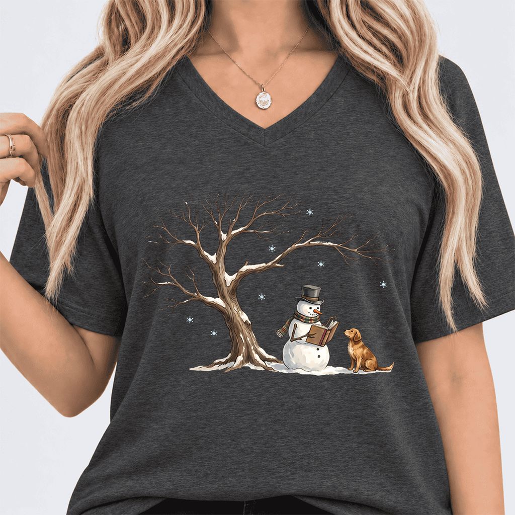 Christmas Storytime with Golden Retriever Ultra-Soft V-Neck | Reader Gift Dark Grey Heather