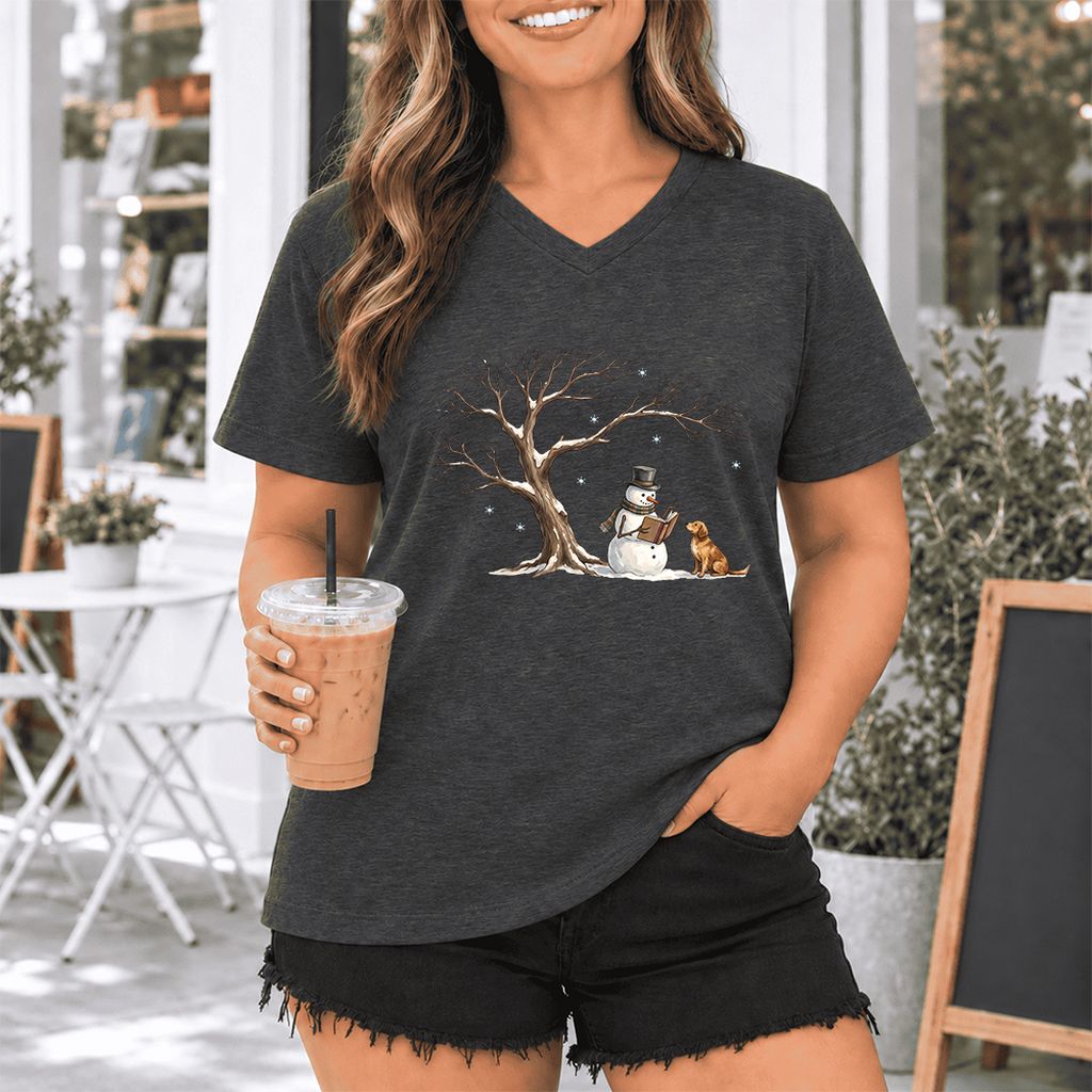 Christmas Storytime with Golden Retriever Ultra-Soft V-Neck | Reader Gift Dark Grey Heather