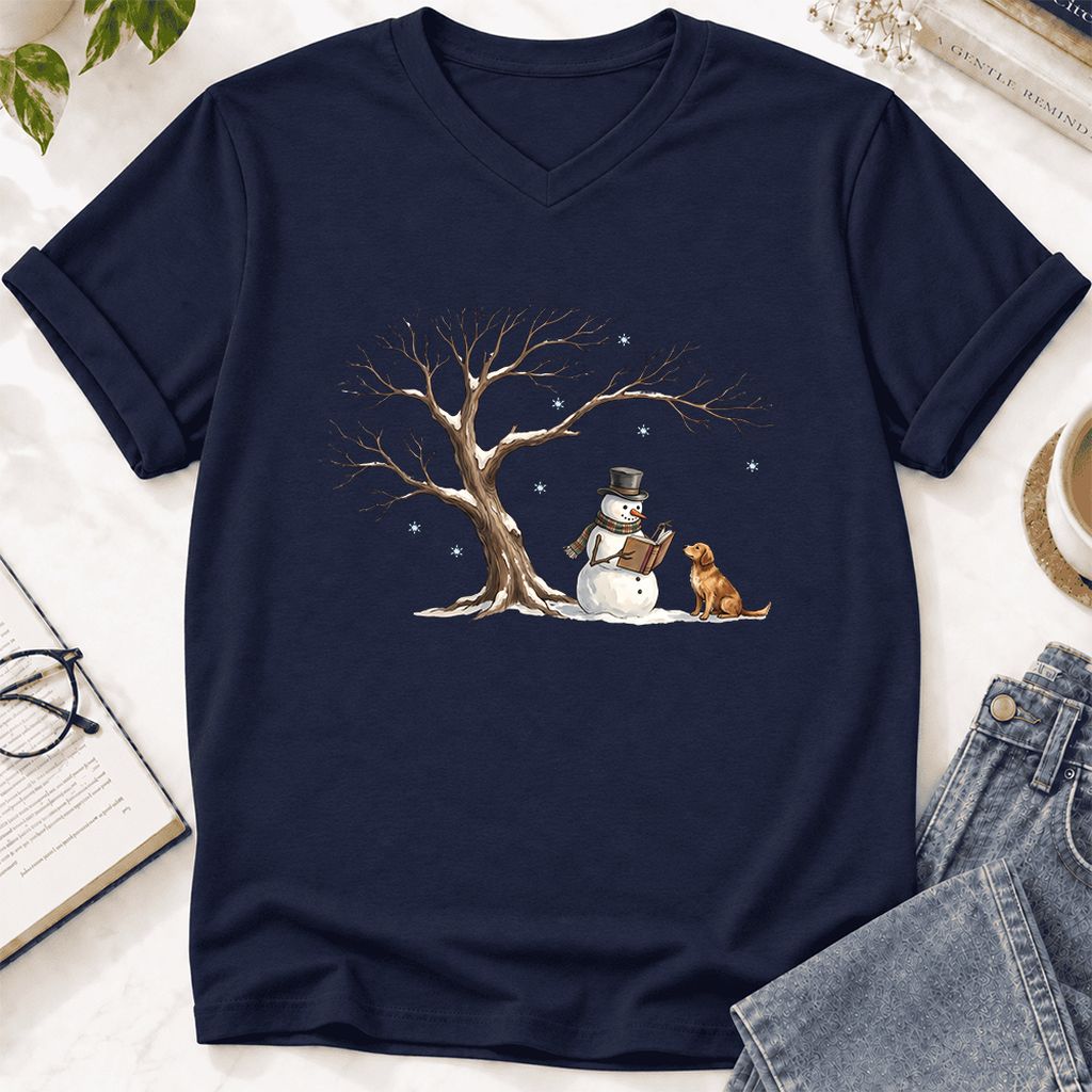 Christmas Storytime with Golden Retriever Ultra-Soft V-Neck | Reader Gift Navy