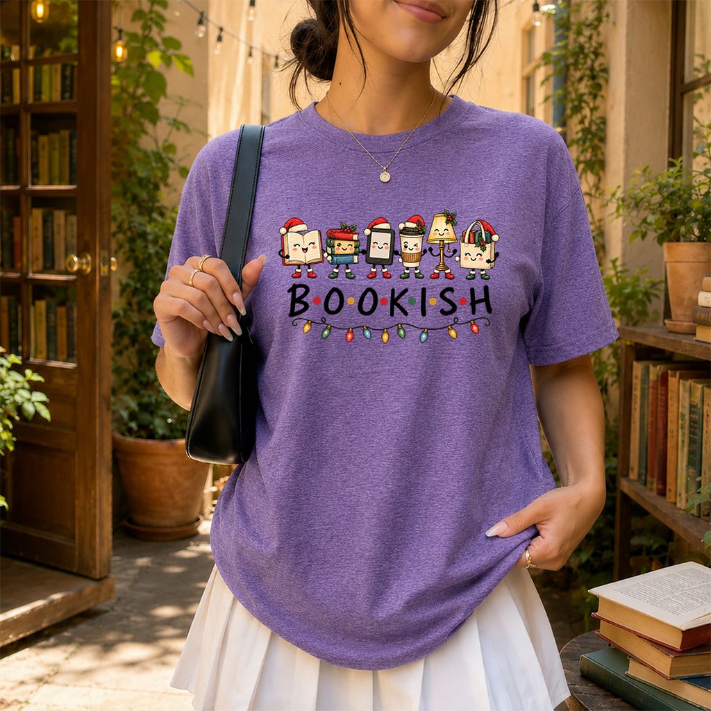 BOOKISH Things Printed T-Shirt | Christmas Book Lover Gift Heather Purple