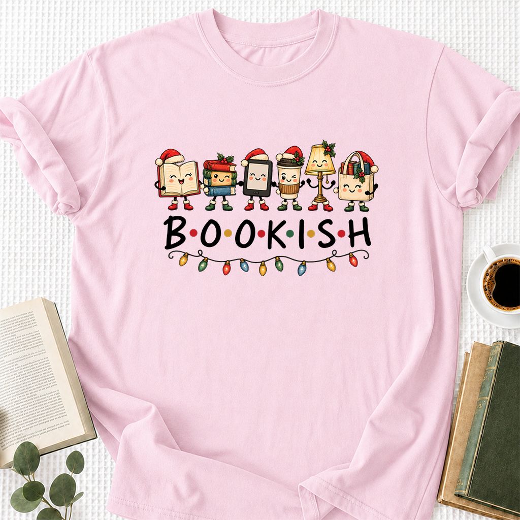 BOOKISH Things Printed T-Shirt | Christmas Book Lover Gift Light Pink