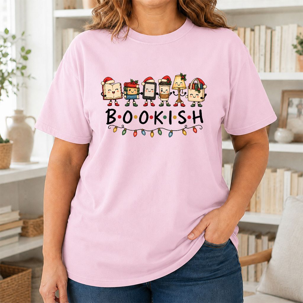 BOOKISH Things Printed T-Shirt | Christmas Book Lover Gift Light Pink