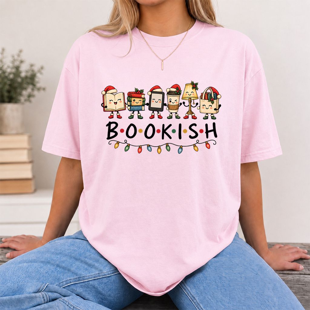 BOOKISH Things Printed T-Shirt | Christmas Book Lover Gift Light Pink