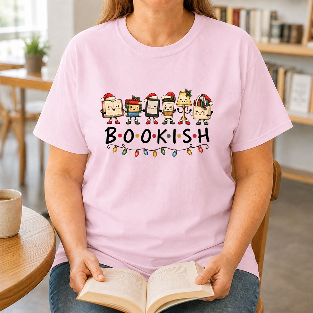BOOKISH Things Printed T-Shirt | Christmas Book Lover Gift Light Pink