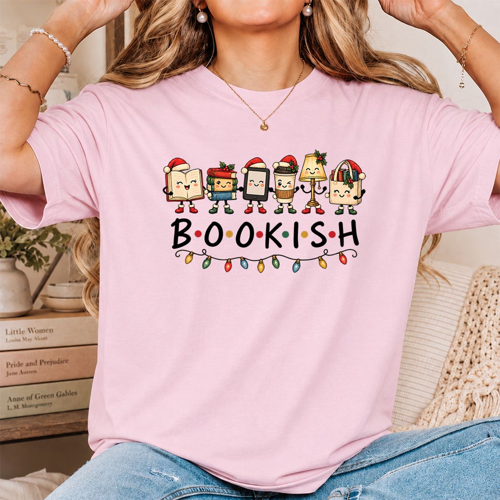 BOOKISH Things Printed T-Shirt | Christmas Book Lover Gift Light Pink