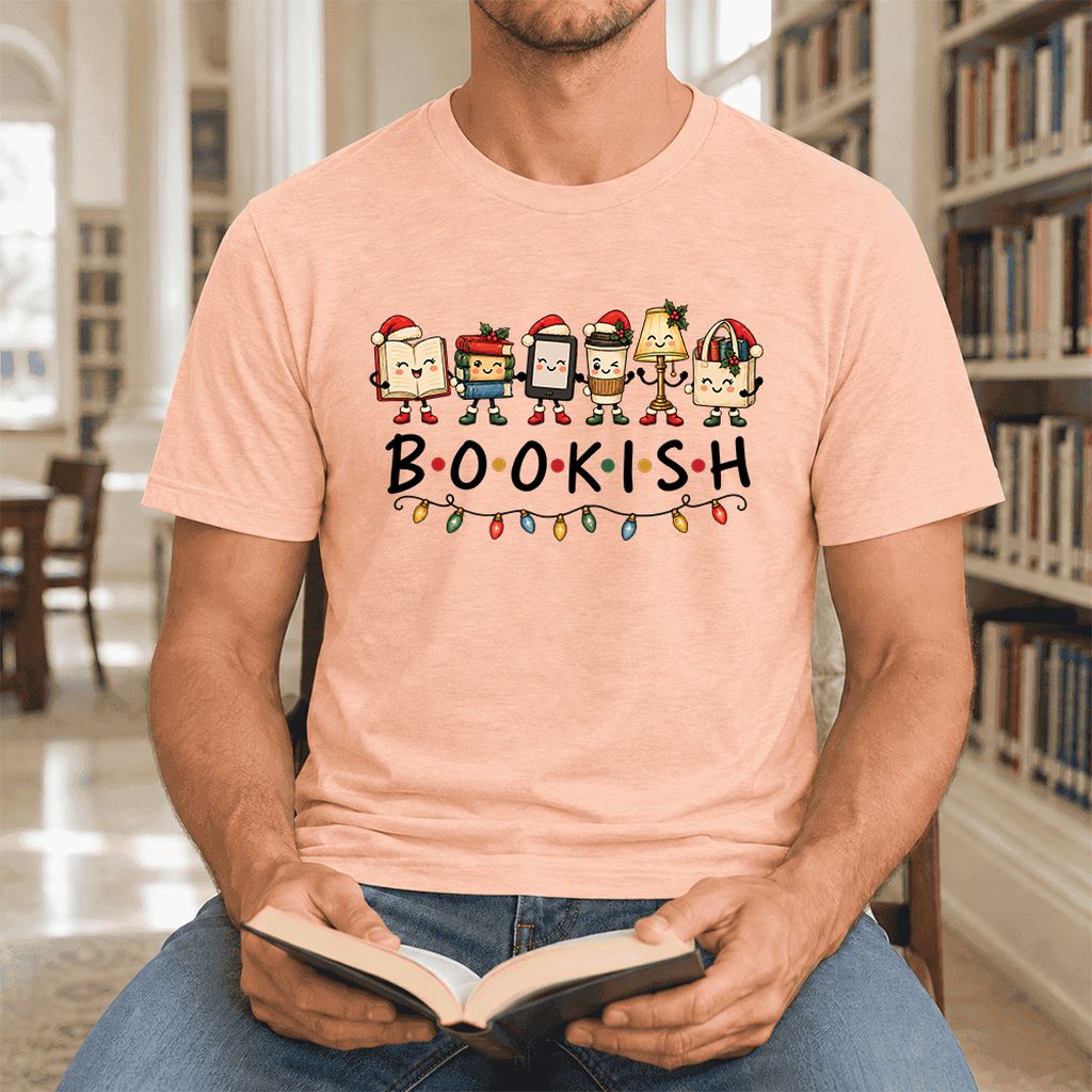 BOOKISH Things Ultra-Soft Cotton T-Shirt | Christmas Book Lover Gift Heather Peach
