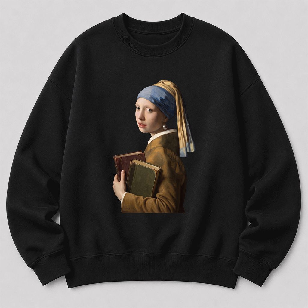 Bookish Girl with a Pearl Earring Printed Sweatshirt | Reader Gift Black