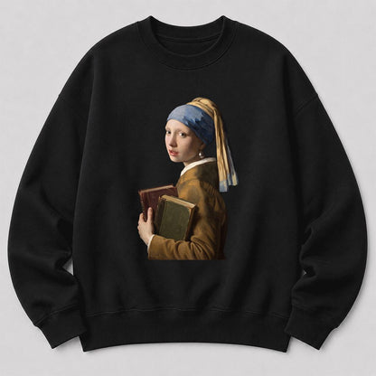 Bookish Girl with a Pearl Earring Printed Sweatshirt | Reader Gift Black
