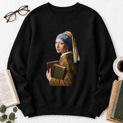 Bookish Girl with a Pearl Earring Printed Sweatshirt | Reader Gift Black