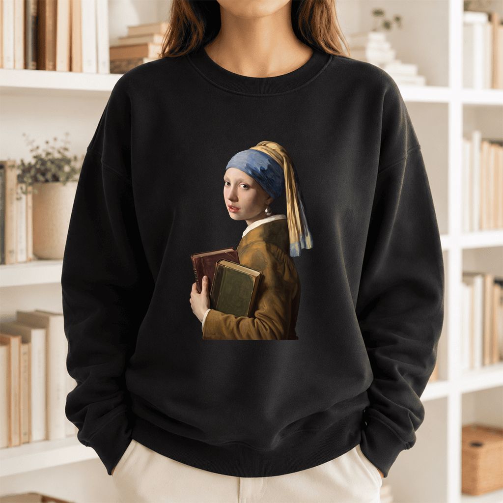Bookish Girl with a Pearl Earring Printed Sweatshirt | Reader Gift Black