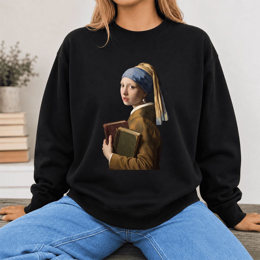 Bookish Girl with a Pearl Earring Printed Sweatshirt | Reader Gift Black