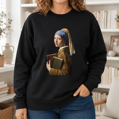 Bookish Girl with a Pearl Earring Printed Sweatshirt | Reader Gift Black